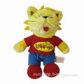 Plush yellow cat with red T-shirt and blue pants, made of soft plush and PP padding filling, for kid